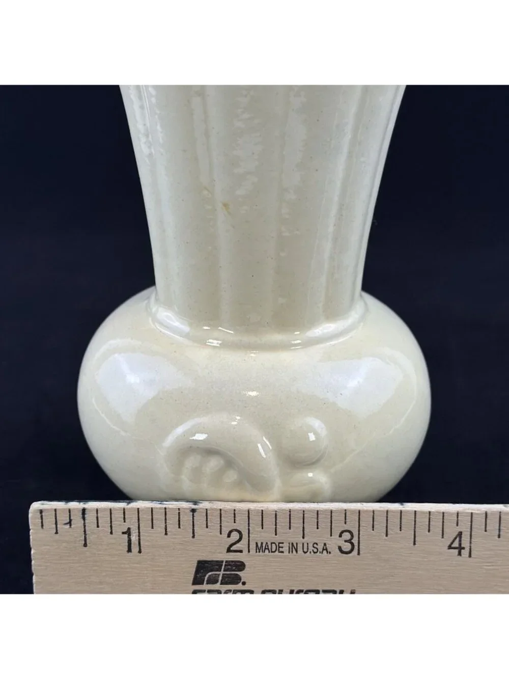 Vintage Cream Ceramic Vase Scalloped Rim Embossed Scroll 6.5” Tall Pottery